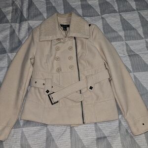 What's Hot Womens Beige Wool Blend Belted Full-Zip Studed PeaCoat Size: X-Large